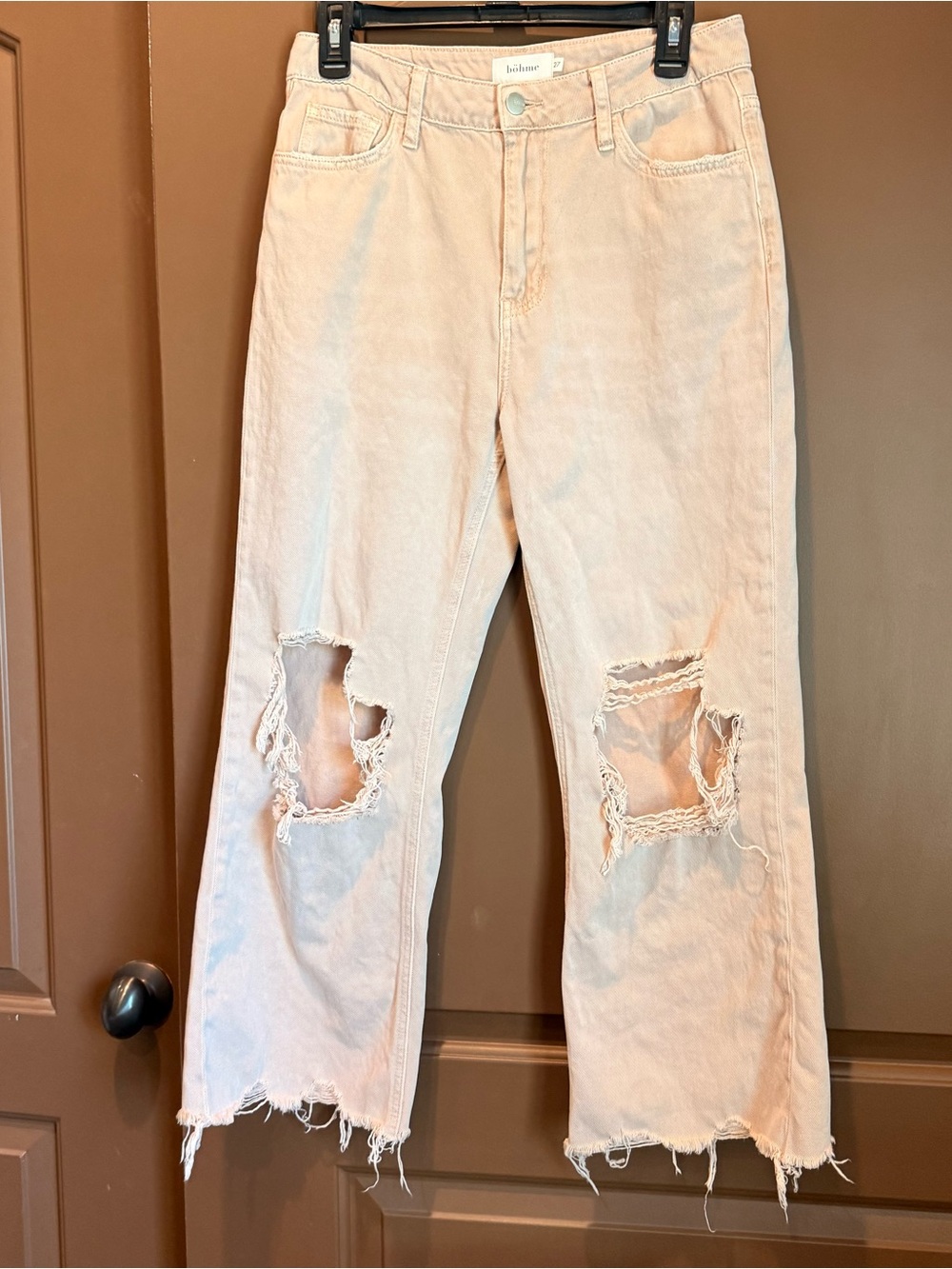 bohme Pale Pink Distressed Cropped Jeans with Frayed Hems